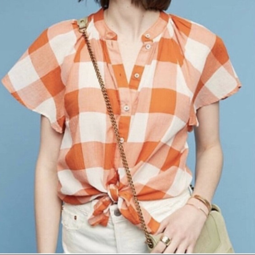 Maeve by Anthropologie Orange Plaid Flutter Sleeve Blouse Size Small